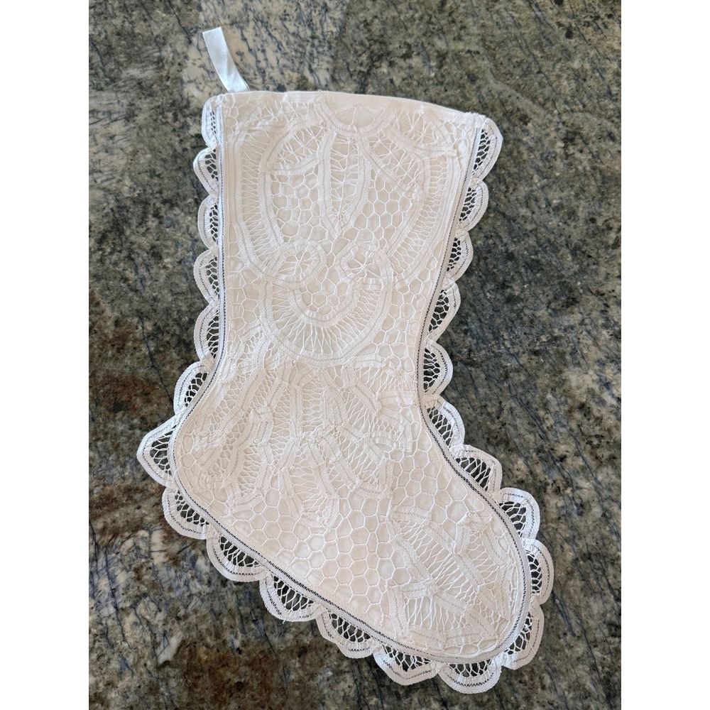 Christmas  Battenberg‎ Lace Stocking White Embroidered Victorian Old World Style